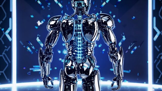 Metallic robotic figure spinning, casting neon reflections across stark white space with cascading digital particles in seamless 3d animation loop
