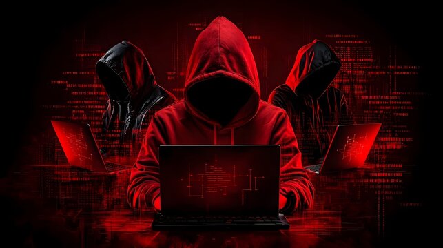 Mysterious faceless hackers lurking in deep red shadows typing intently on laptops as glowing digital codes and abstract cyber symbols float ominously around them creating a dark