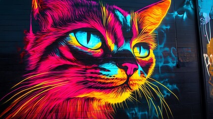 Vibrant Neon-Colored Graffiti Cat with Exaggerated Features