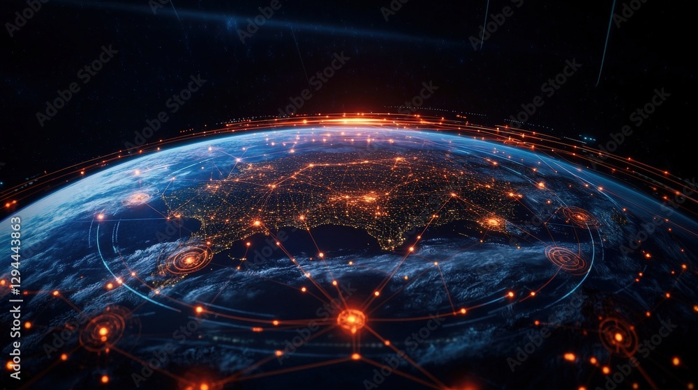 Poster view of earth from space with connection lines illustrating global connectivity and future technolog