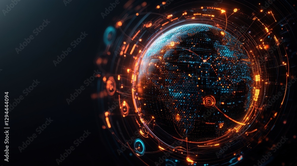 Poster globe with glowing connection lines on dark background representing global communication and technol