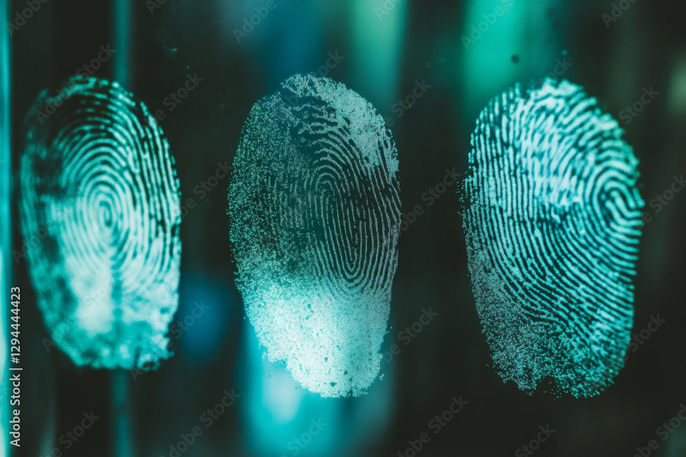 Aufkleber three distinct fingerprints appear on a glass surface, showcasing intricate patterns in blue hues, s