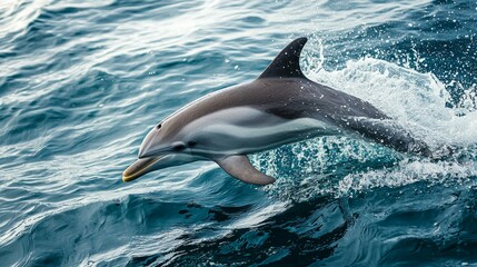 Naklejka premium Dolphin Leaping Gracefully Through Ocean Waves in Bright Sunlight