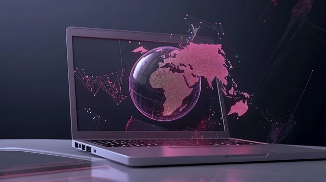 Global Network Visualization: 3D Render of a Laptop Displaying a Digital World AI Generated