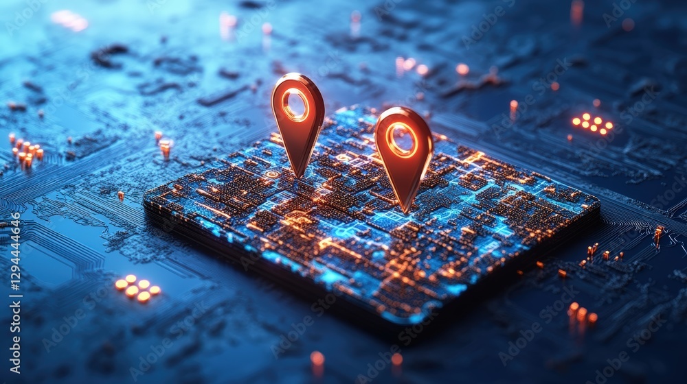 Poster circuit board with a pin and location markers icon design for technology and navigation applications