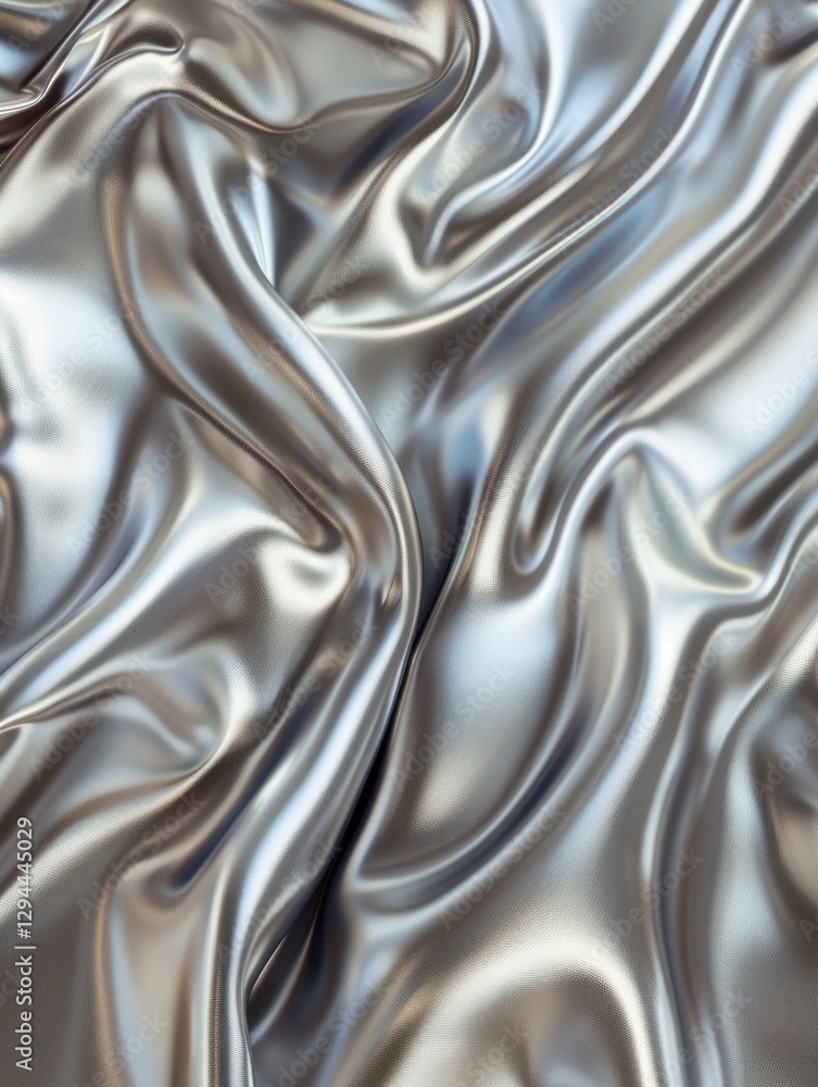 Poster silver satin drapes feature sharp folds that brilliantly play with light and shadow in a minimalisti
