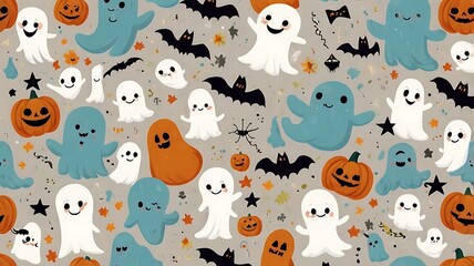 Halloween pattern featuring and ghosts on a white background