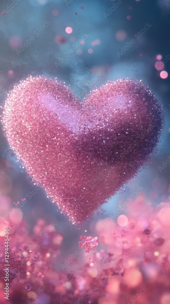 Poster sparkling pink heart floating amidst a dreamy bokeh background creating a romantic and festive mood 