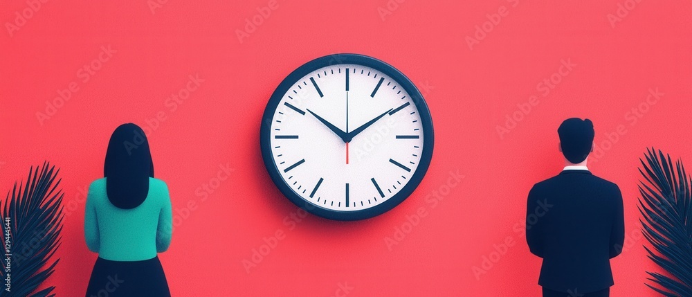 Poster white background infographics concept. workplace productivity infographic with analog clock and lapt