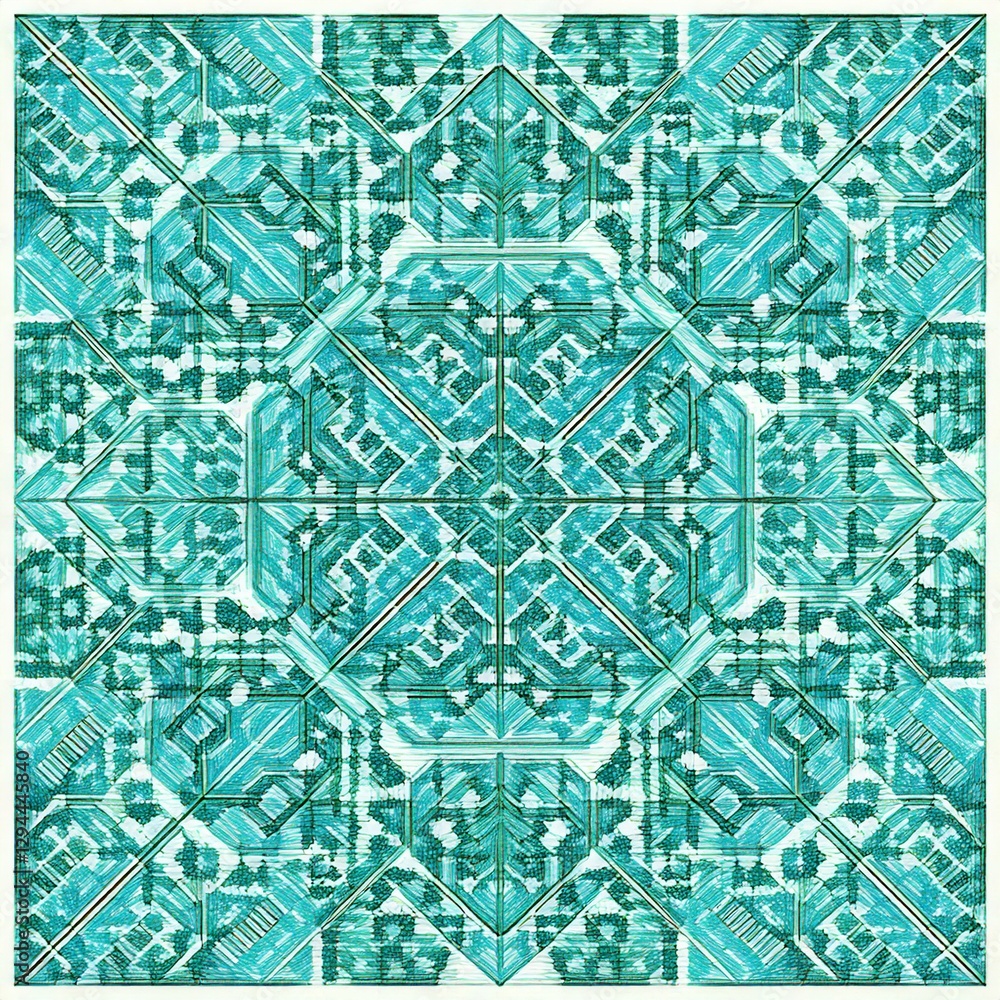 Aufkleber an abstract turquoise mosaic pattern forming a symmetrical design with geometric shapes