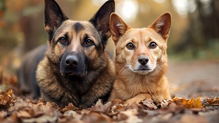 Obraz premium Two attentive dogs relax in a sunlit forest during autumn.