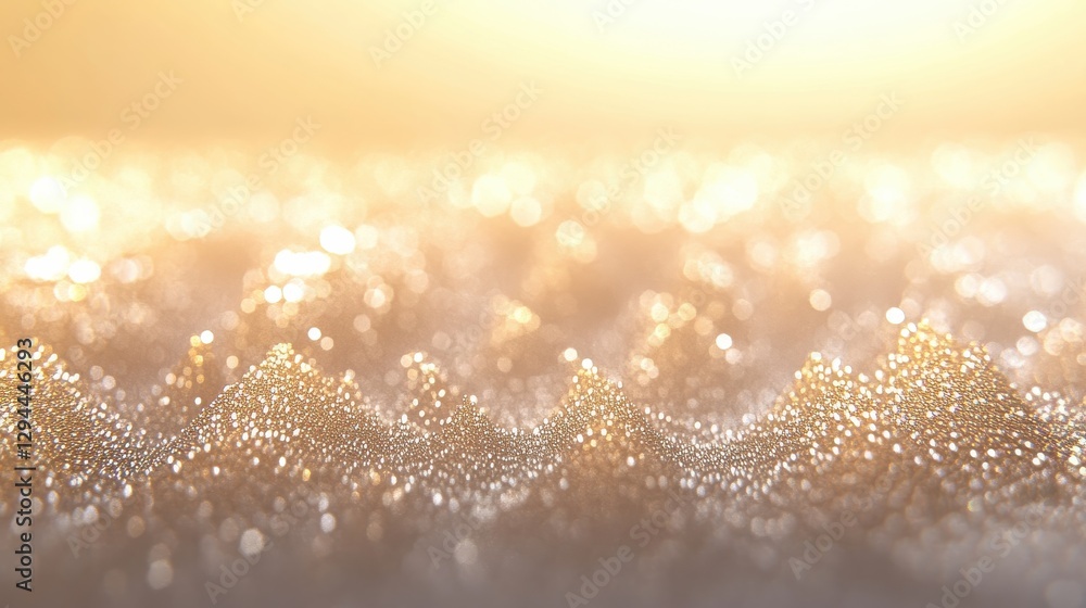 Poster abstract visualization of golden bokeh light sparkle with reflective particles