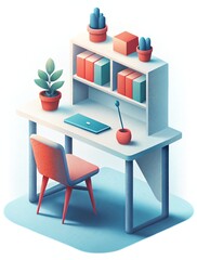 Modern office workspace with plants, chair, and laptop in pastel tones.