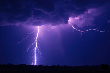 A Powerful Bolt of Lightning Illuminates the Night Sky Over a Dark Landscape