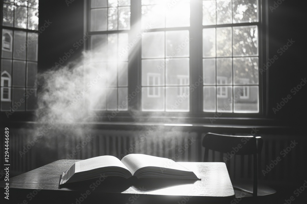Aufkleber an open book rests on a table near a sunlit window, creating a serene and contemplative atmosphere.