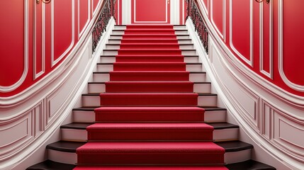 Red carpeted grand staircase in elegant mansion interior