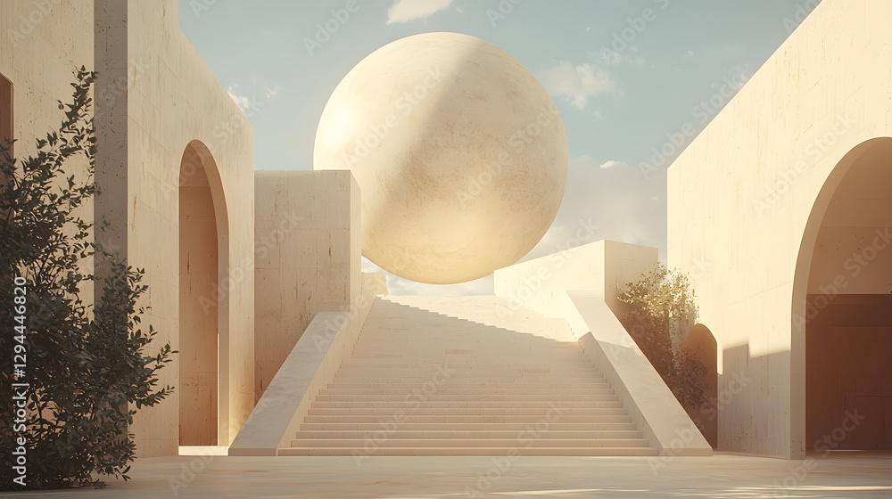 Poster a large golden sphere hovering over an outdoor staircase surrounded by modern architecture and textu