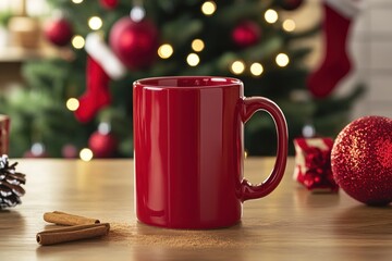 Red mug on table, Christmas background, cozy