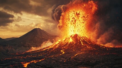 Erupting Volcano with Lava Fountain Against Dramatic Sky at Sunset