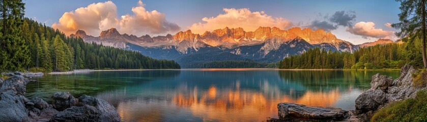 Majestic mountains are beautifully reflected in calm lake water, surrounded by smooth rocks.