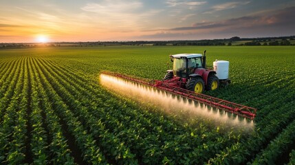 Agricultural tractor spraying pesticide on soybean field at sunset creating a beautiful golden light and a serene rural scene with a vibrant green landscape