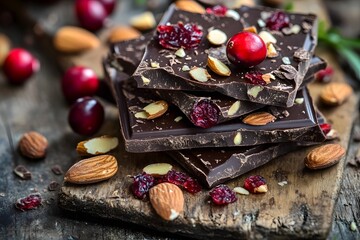 Artisanal Dark Chocolate Bark with Almonds and Cranberries   Delicious Gourmet Snack for Autumn and Winter Seasons