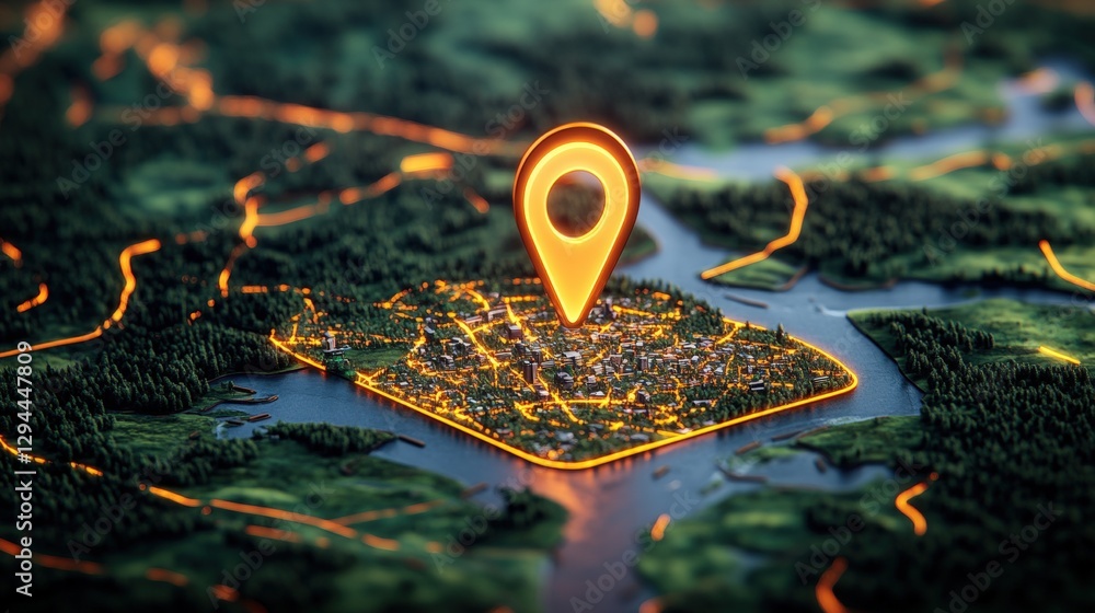 Poster digital map displaying pinpoint location with highlighted area and map navigation features
