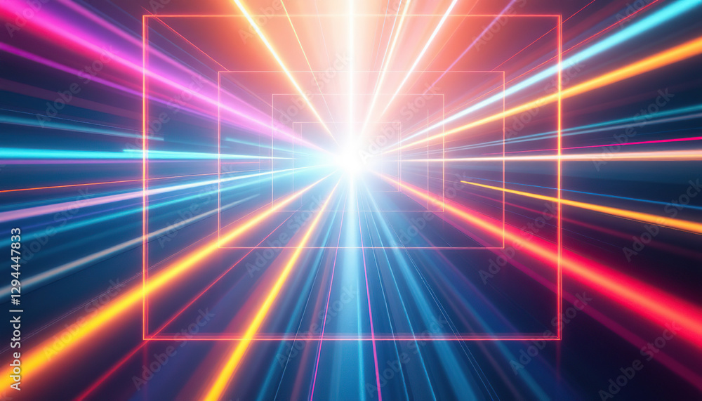 Poster abstract light speed tunnel with bright colorful rays