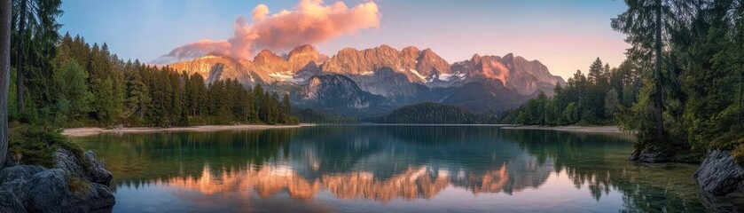 Fototapeta premium Majestic mountains are mirrored in the tranquil lake, surrounded by lush green trees.