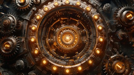 Fototapeta premium A steampunk portal surrounded by spinning gears and glowing runes creates an enchanting atmosphere of magic