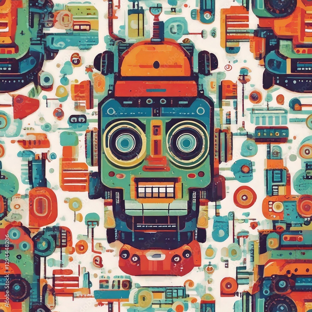 Poster a vibrant and intricate illustration of a robot with a retro design and mechanical elements. the rob