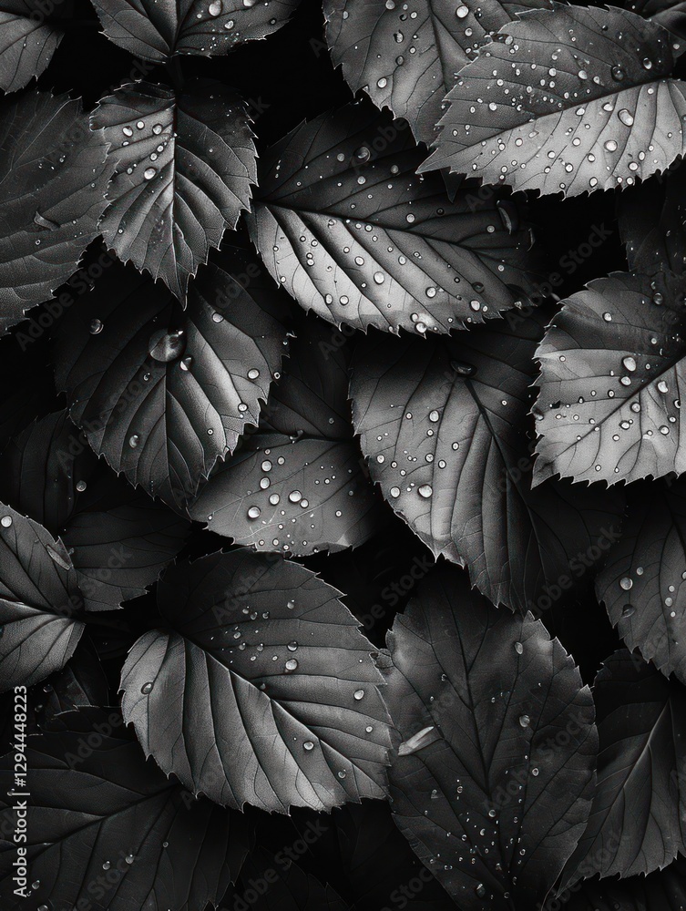 Poster dew sparkles on textured leaves under soft lighting, creating an artistic and atmospheric visual sce