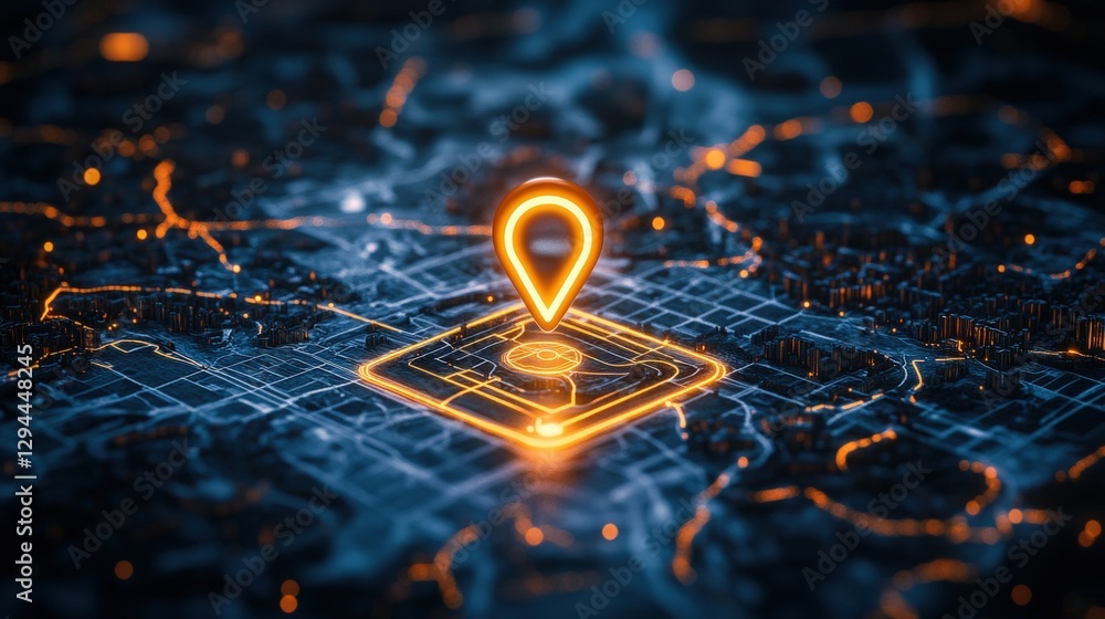 Poster yellow location pin on a digital map with circuit design and black background highlighting geographi