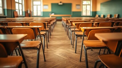 Sunlit Vintage Classroom with Wooden Desks and Chairs Nostalgic Academic Atmosphere Back to School Concept   Empty and Abandoned High School Classroom with Soft Shadows on the Floor