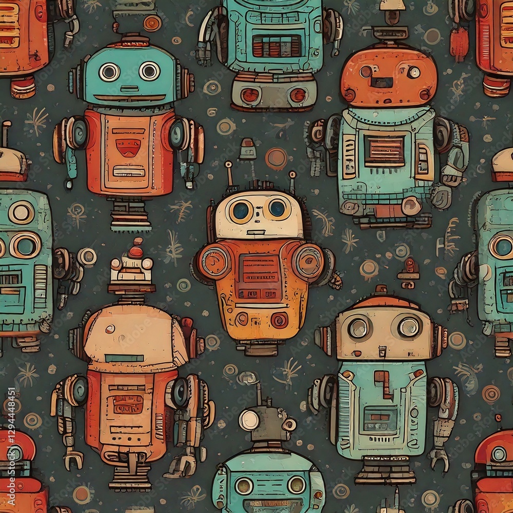 Poster a collection of vintage robots arranged in a pattern, with detailed design. the robots have various 