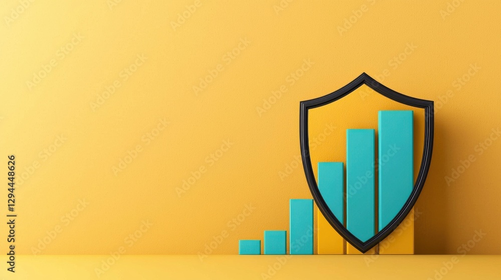Poster a vibrant yellow background features a shield protecting ascending bar graphs, symbolizing security 