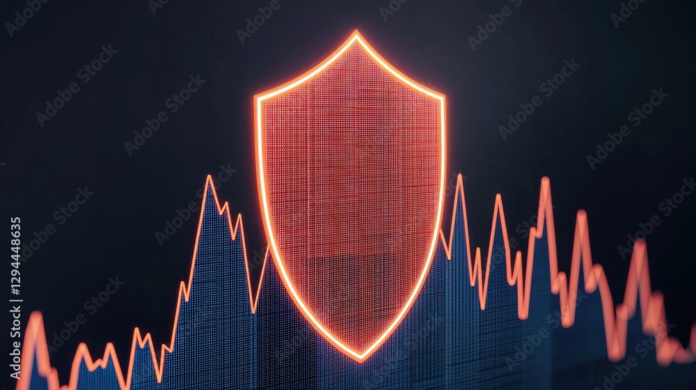 Poster a digital shield overlays a fluctuating graph, symbolizing data security and protection in a tech en