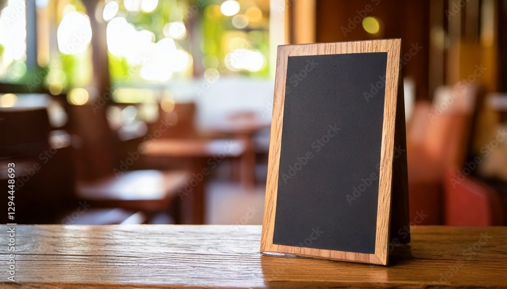 Poster a blank chalkboard sign with a wooden frame stands on a table, ready for a menu or message