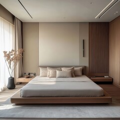 A modern minimalistic bedroom featuring a bed and decor