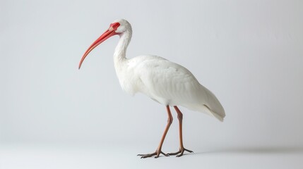 Obraz premium A brilliant white ibis standing tall, its slender body captured with clarity against a pure white background.