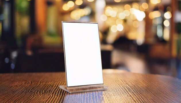 a blank sign on a wooden table in a restaurant. The sign is perfect for showcasing your menu or specials. The warm lighting and blurry background add a cozy atmosphere to the scene 