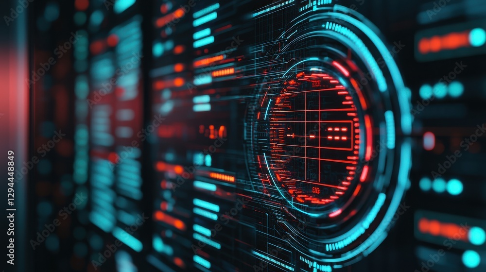 Poster a vibrant, futuristic digital interface featuring glowing red and blue elements, resembling a high-t