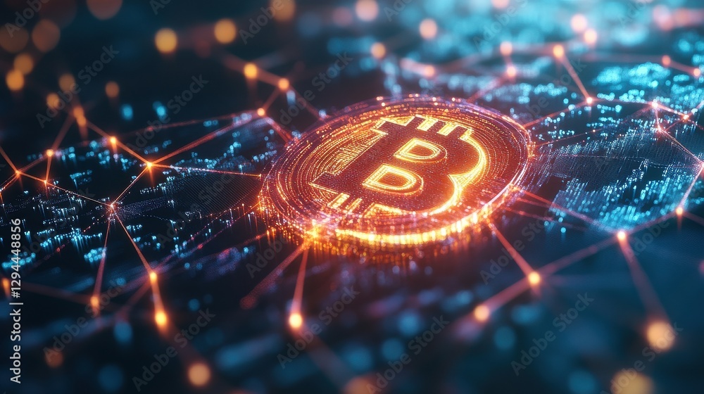 Poster a glowing bitcoin symbol connected to a digital network, representing cryptocurrency and blockchain 