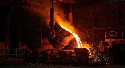 Molten metal pouring in industrial steel mill foundry with intense heat