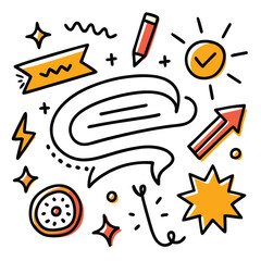 Hand drawn colorful charcoal doodle shapes and squiggles in childish girly style. Pencil drawings isolated on white.