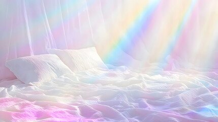 Soft pastel bed linens with ethereal light rays creating a serene and dreamy atmosphere indoors.