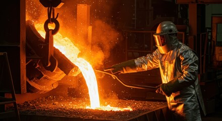 Industrial worker handling molten metal in a foundry