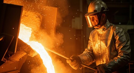 Caucasian male worker in foundry pouring molten metal in protective gear