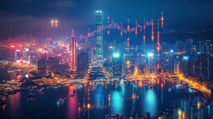 Naklejka premium A vibrant city skyline at night, featuring illuminated skyscrapers and reflections on the water, creating a dynamic urban landscape.
