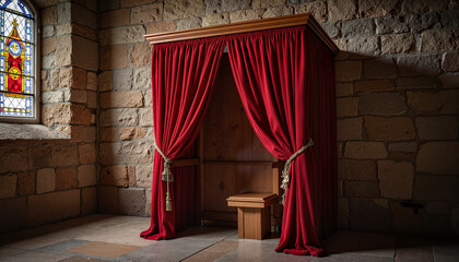 Empty church confessional booth with red velvet curtains, sacred ambiance
